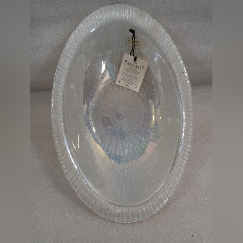 Akcam Large 12X8 Art Glass Oval Bowl Reverse Enamel Opalescent White